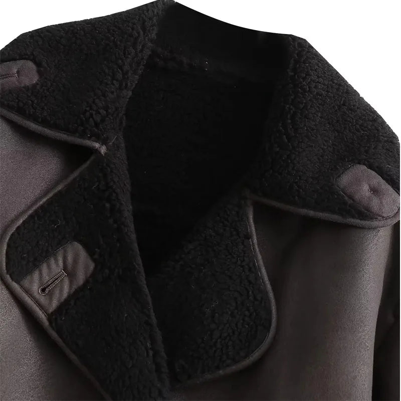 Veste en Cuir Femme Doublure Douillette Col Large Automne Hiver 7