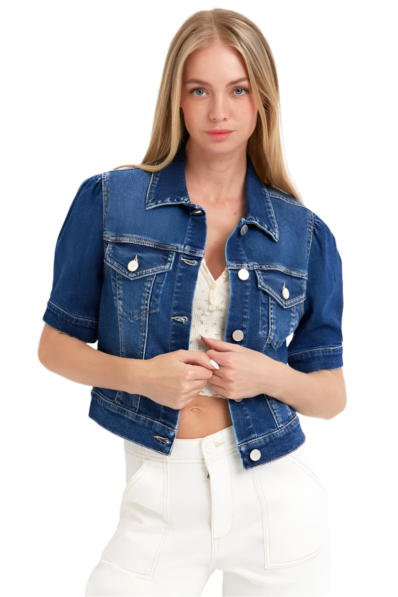 Veste en Jean Femme Manches Courtes Bouffantes Denim Délavé 0