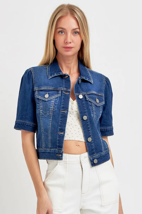 Veste en Jean Femme Manches Courtes Bouffantes Denim Délavé 1