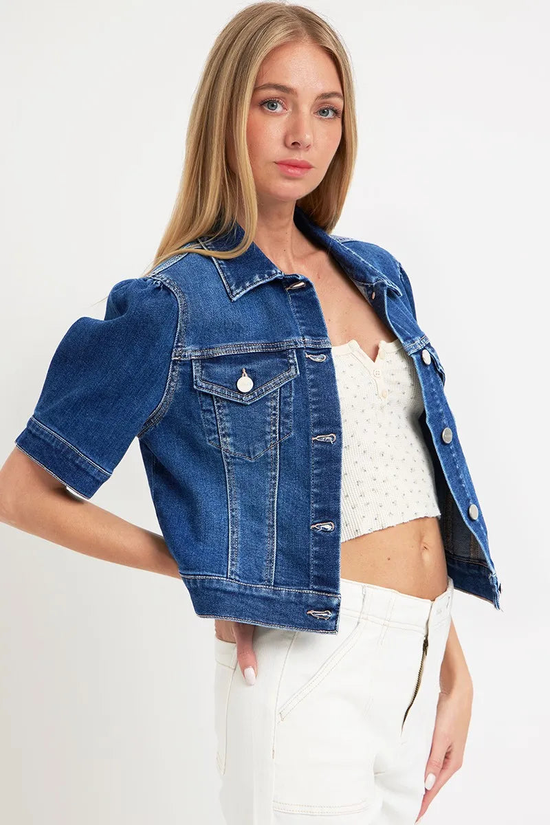 Veste en Jean Femme Manches Courtes Bouffantes Denim Délavé 3