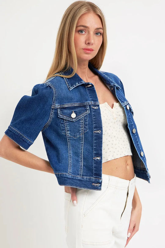 Veste en Jean Femme Manches Courtes Bouffantes Denim Délavé 3