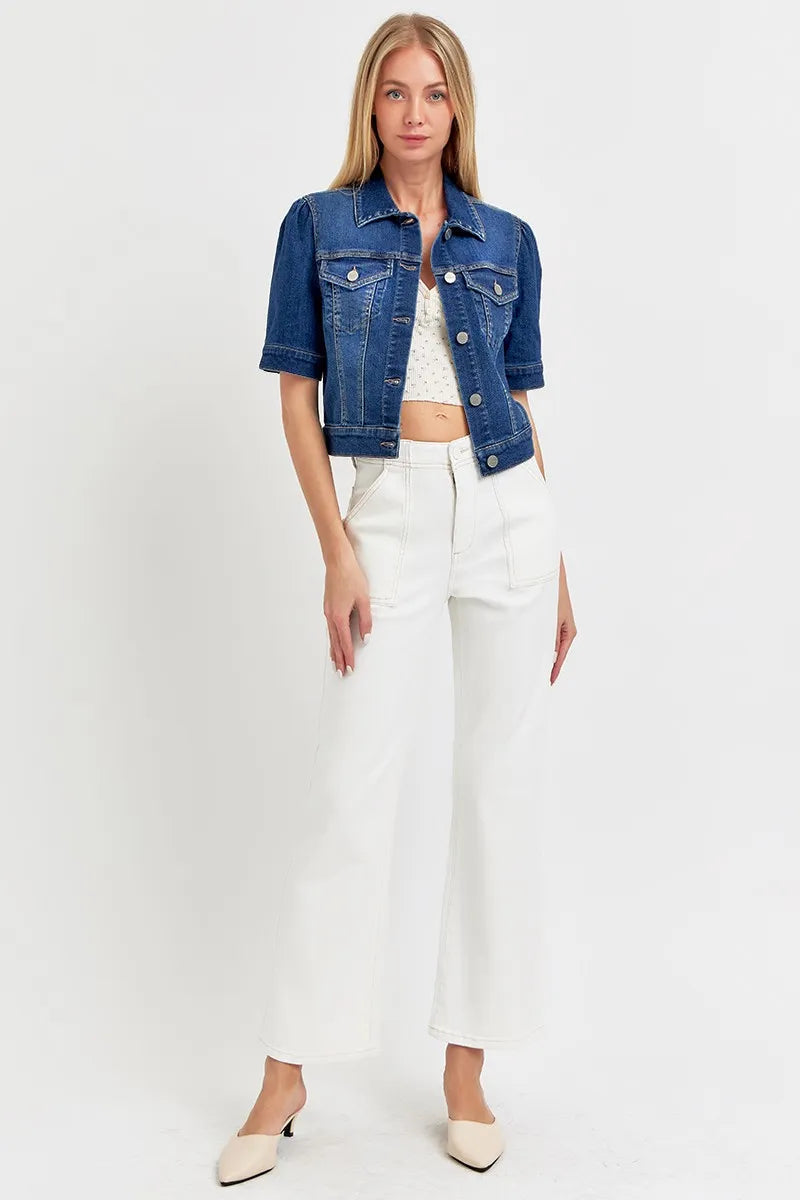 Veste en Jean Femme Manches Courtes Bouffantes Denim Délavé 5