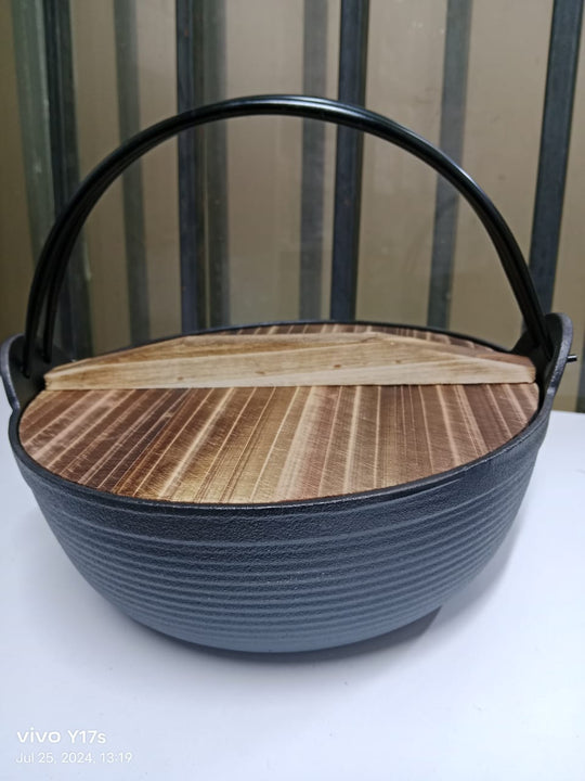 Wok en Fonte avec Couvercle en Bois pour Cuisine 3