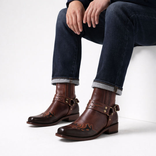 Bottes Homme Courtes Cuir Vintage Avec Broderie