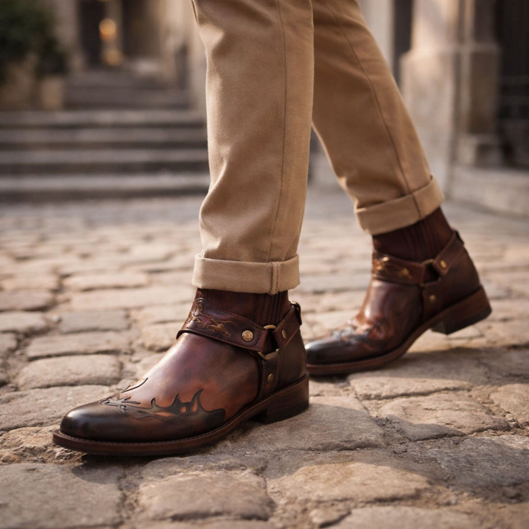 Bottes Homme Courtes Cuir Vintage Avec Broderie