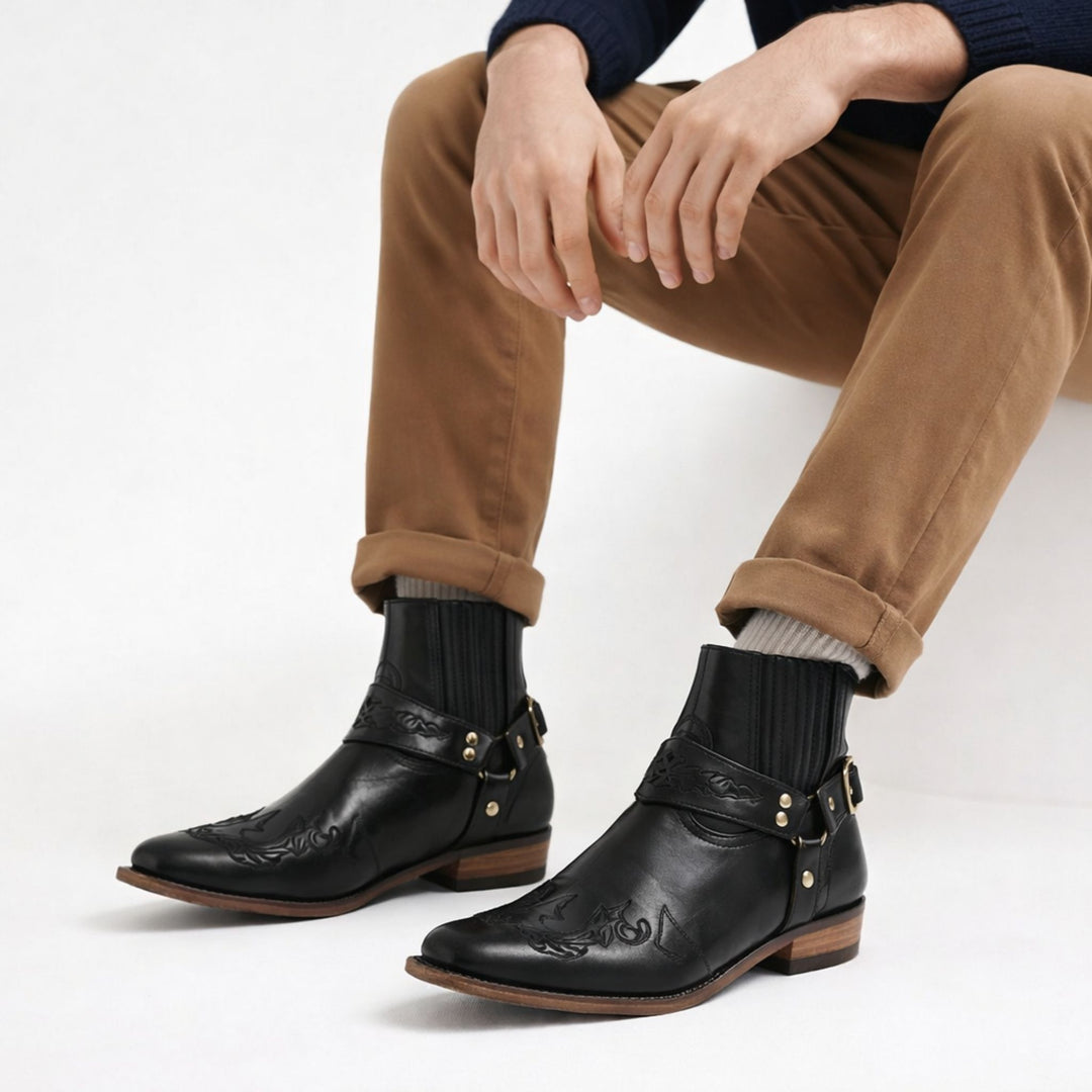 Bottes Homme Courtes Cuir Vintage Avec Broderie