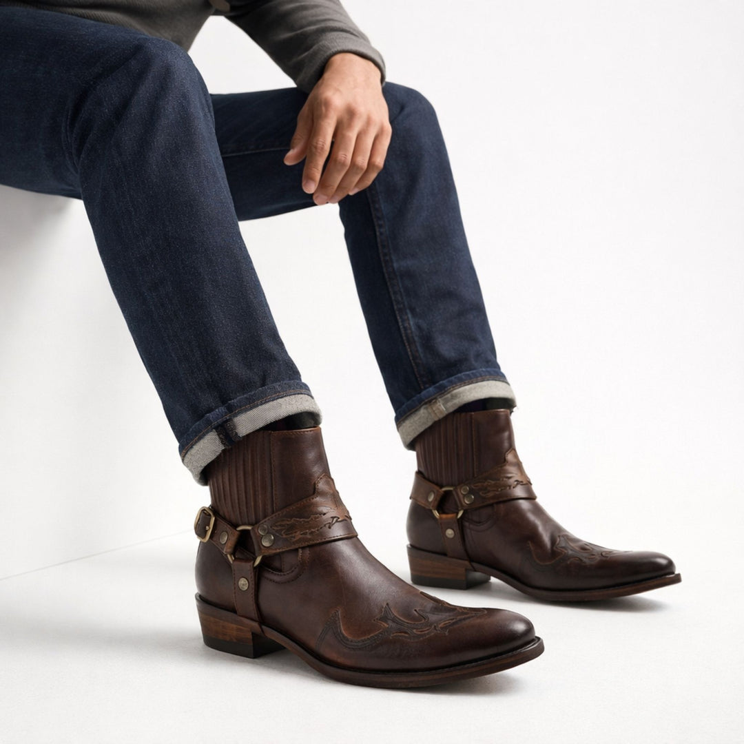Bottes Homme Courtes Cuir Vintage Avec Broderie