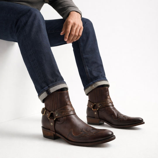 Bottes Homme Courtes Cuir Vintage Avec Broderie
