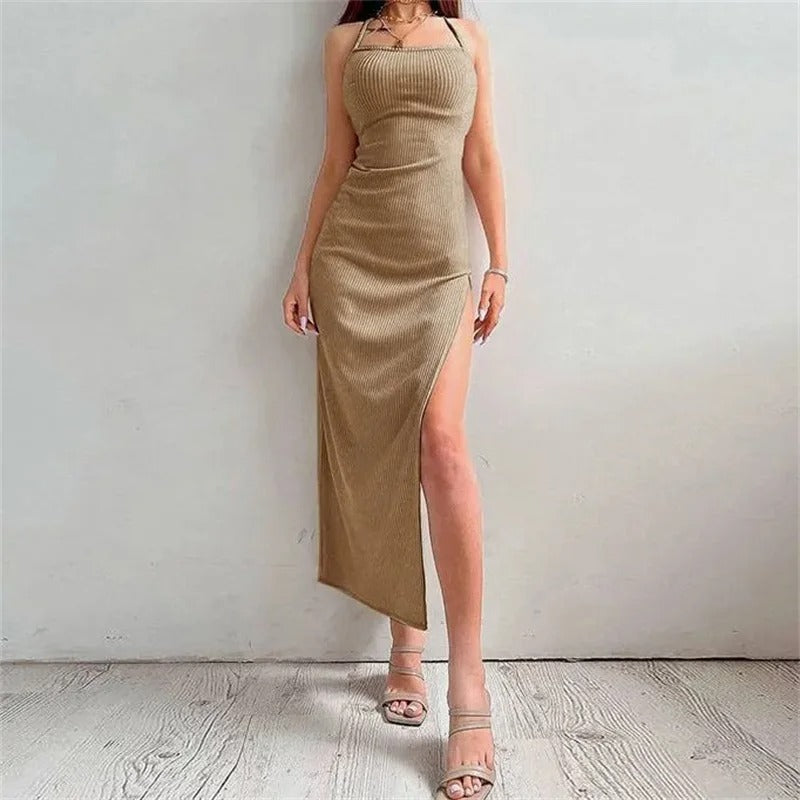 Robe moulante dos nu à col licou pour femme