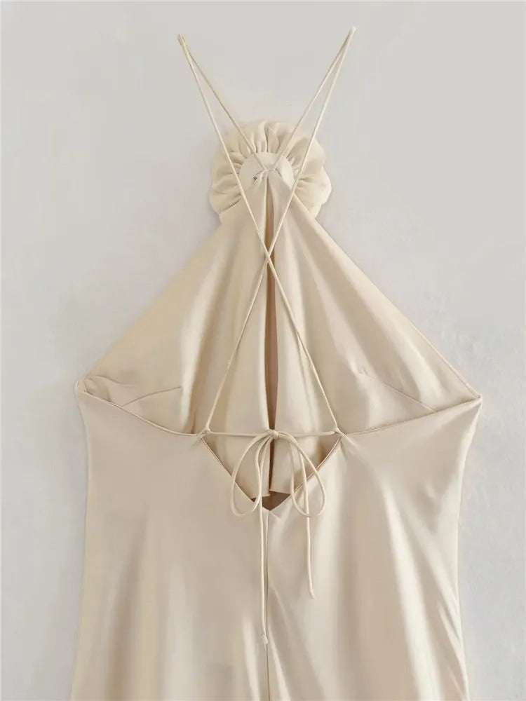 Robe longue en satin à épaules dénudées et dos nu pour femme