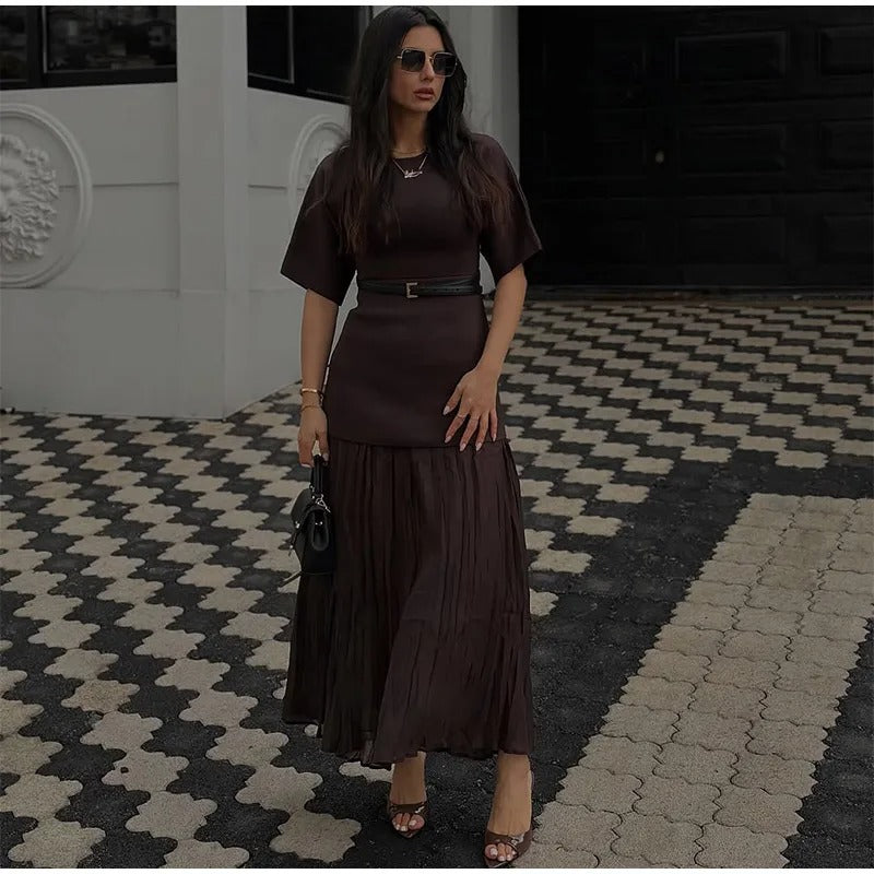 Robe plissée à manches mi-longues en maille patchwork pour femme