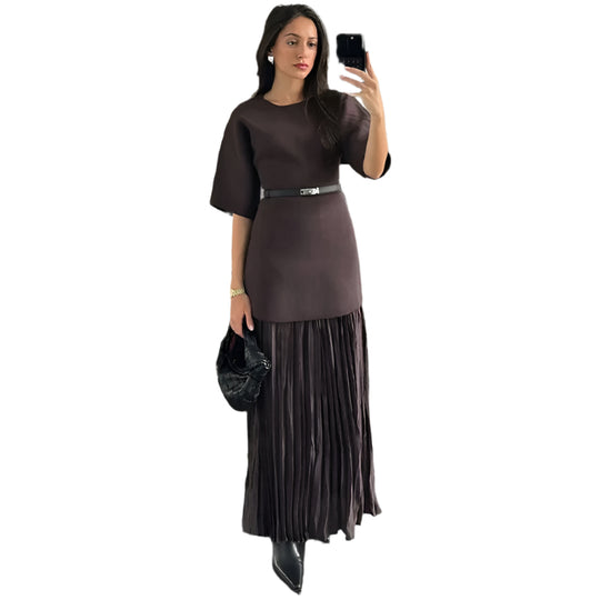 Robe plissée à manches mi-longues en maille patchwork pour femme
