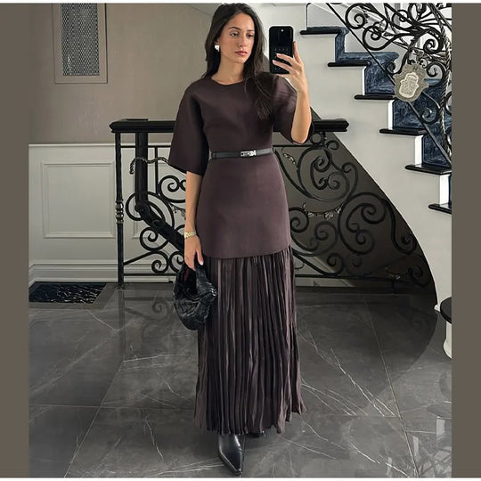 Robe plissée à manches mi-longues en maille patchwork pour femme
