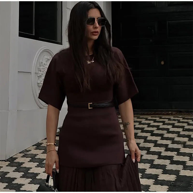 Robe plissée à manches mi-longues en maille patchwork pour femme