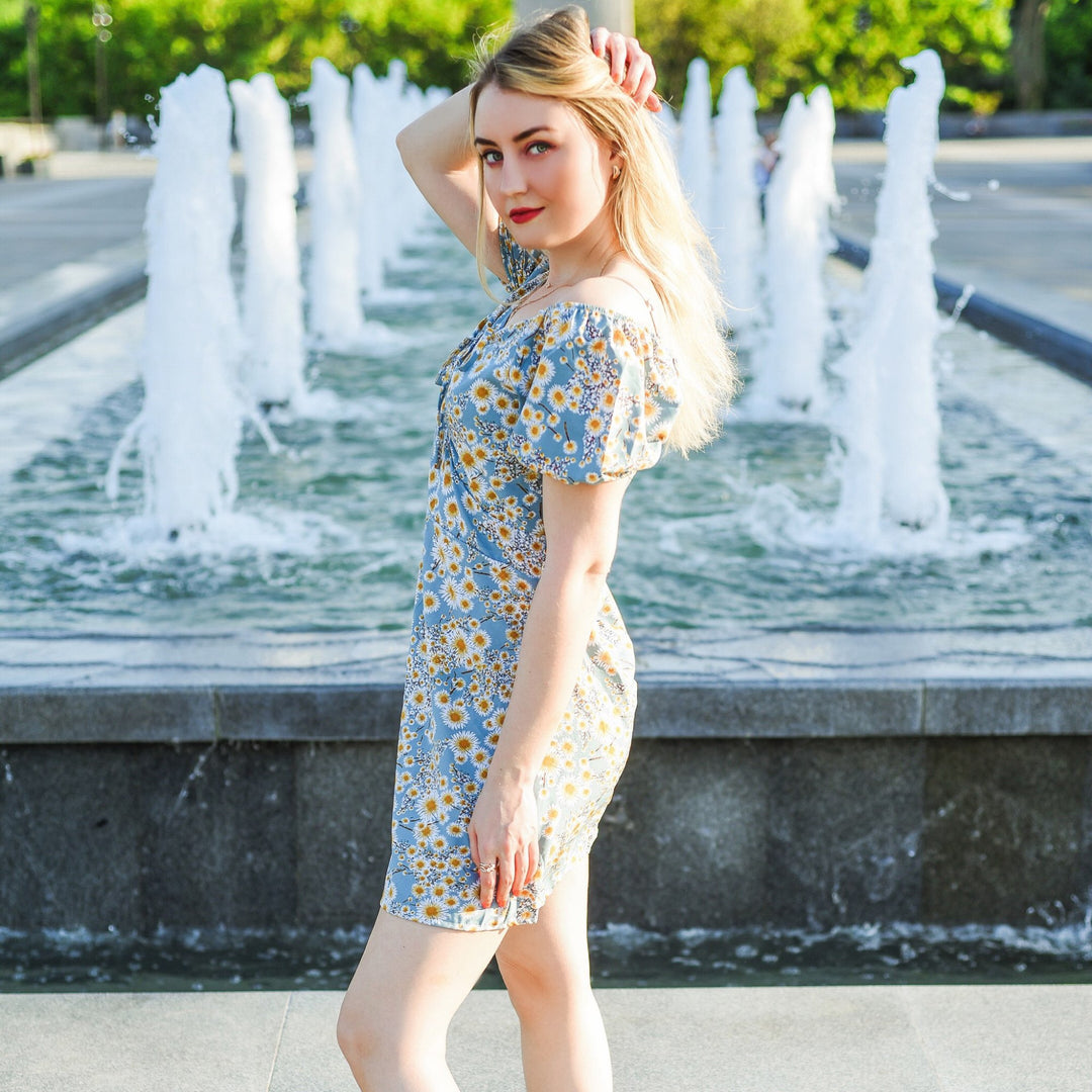 Mini-robe à manches bouffantes en mousseline à fleurs pour femmes