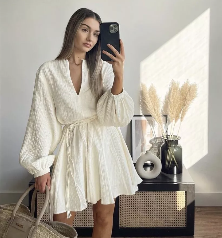 Robe à manches courtes et ballon avec ceinture nouée pour femme