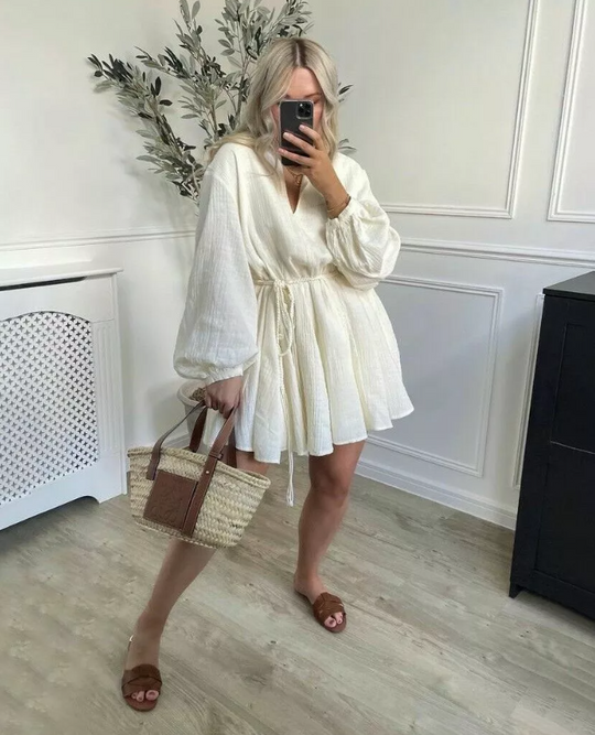 Robe à manches courtes et ballon avec ceinture nouée pour femme