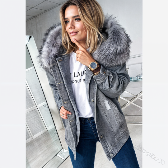 Veste en jean à col en fourrure pour femmes