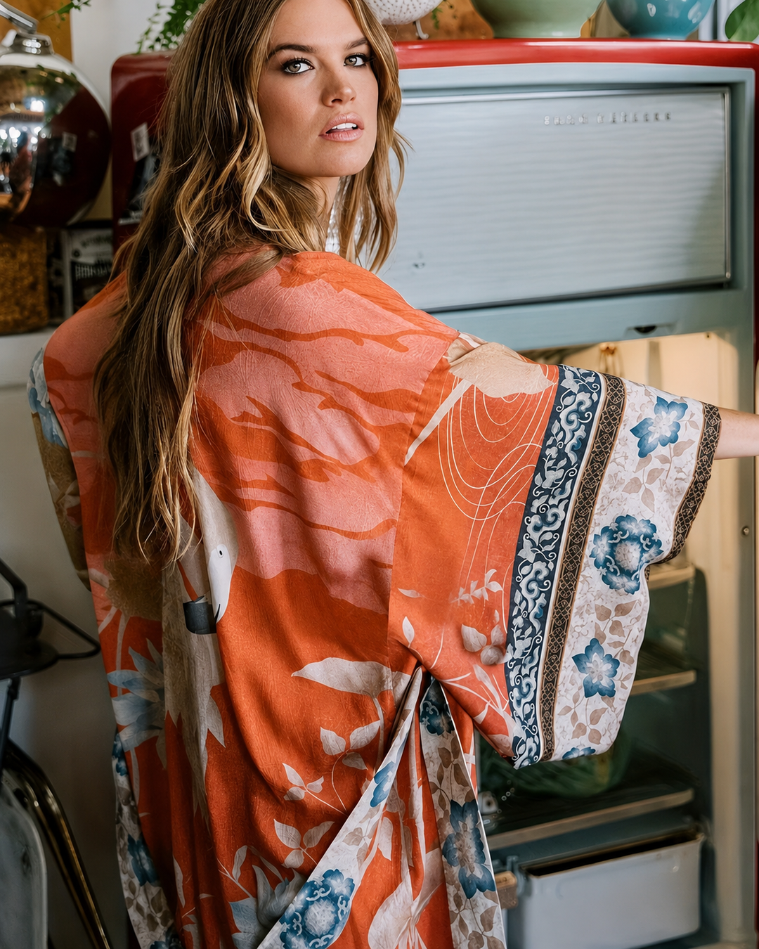 Kimono Long Femme Imprimé Floral Tissu Doux