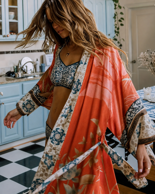 Kimono Long Femme Imprimé Floral Tissu Doux