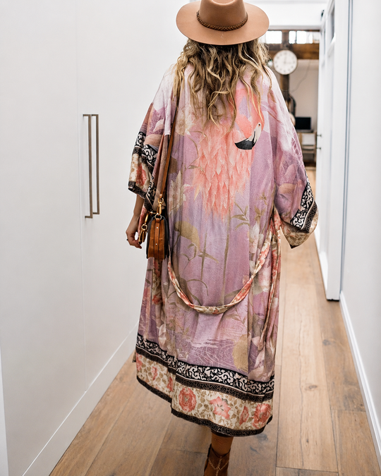 Kimono Long Femme Imprimé Floral Tissu Doux