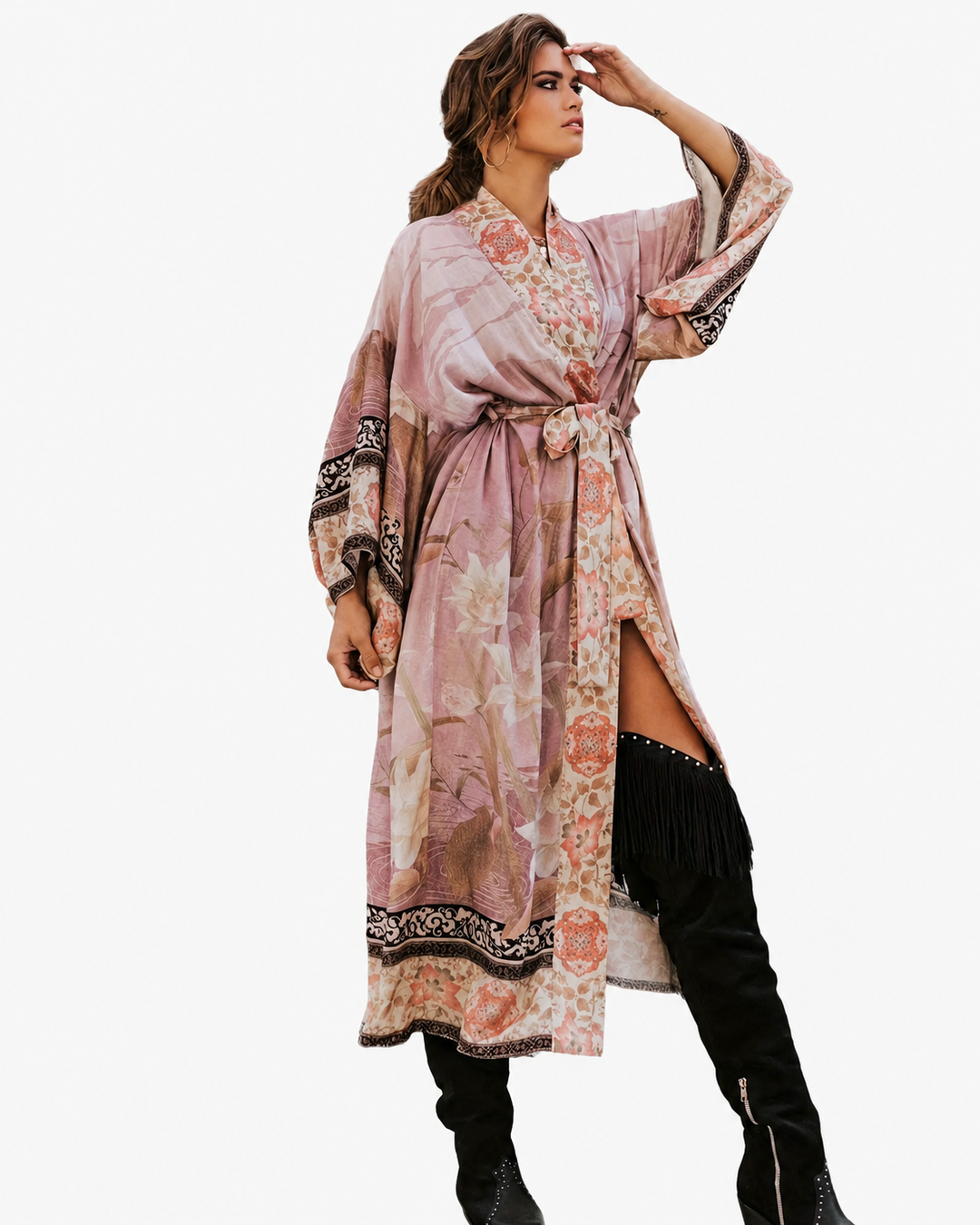 Kimono Long Femme Imprimé Floral Tissu Doux