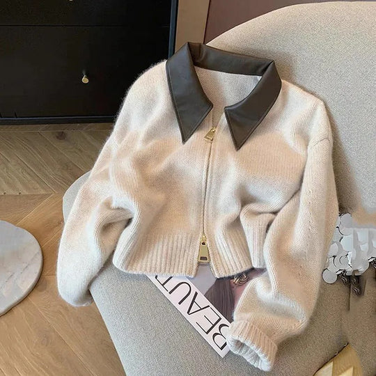 Pull en maille à col en cuir pour femmes