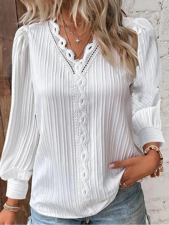 Chemise à col en V cousue en dentelle pour femmes