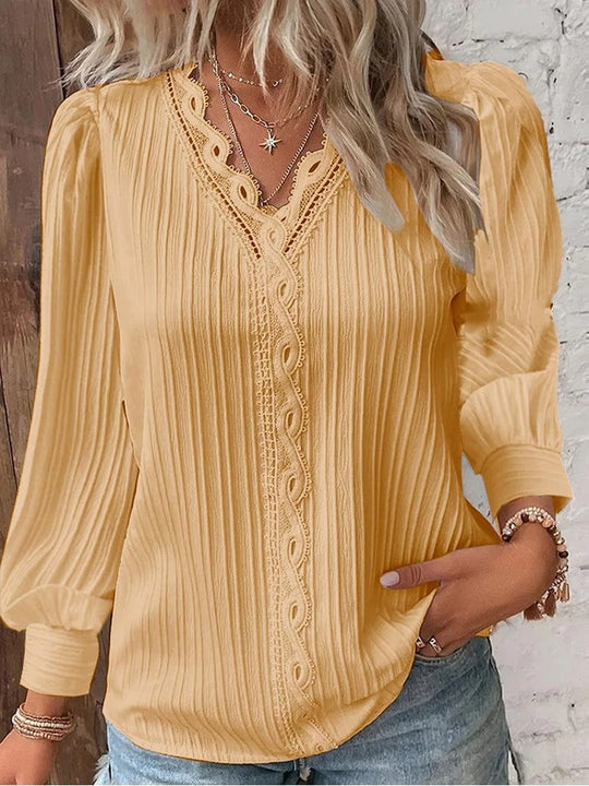 Chemise à col en V cousue en dentelle pour femmes