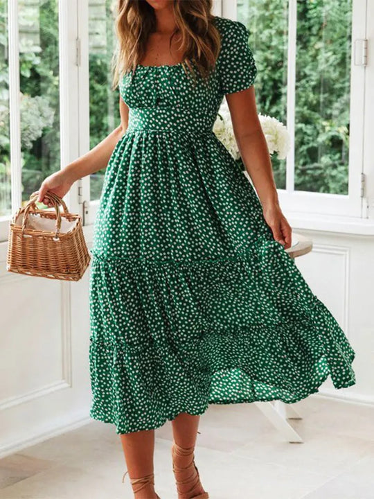 Robe longue fleurie à manches bouffantes et col carré pour femme