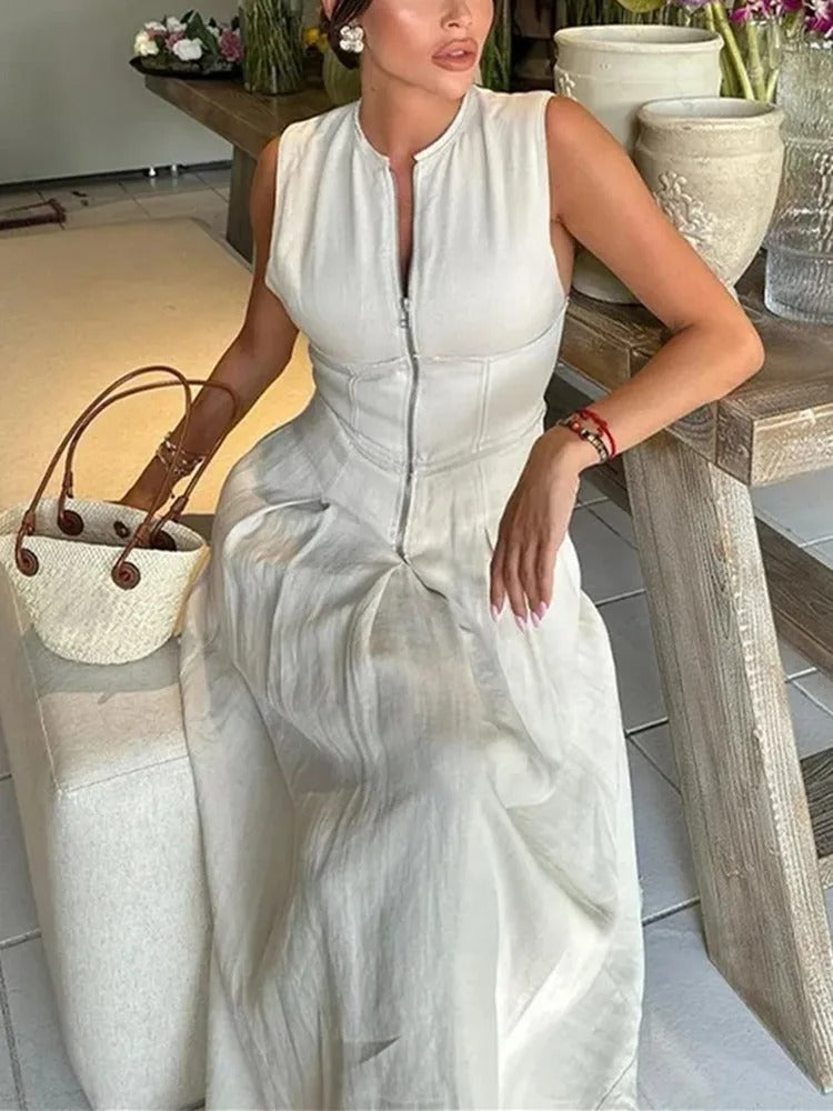 Robe mi-longue moulante plissée sans manches à fermeture éclair pour femme