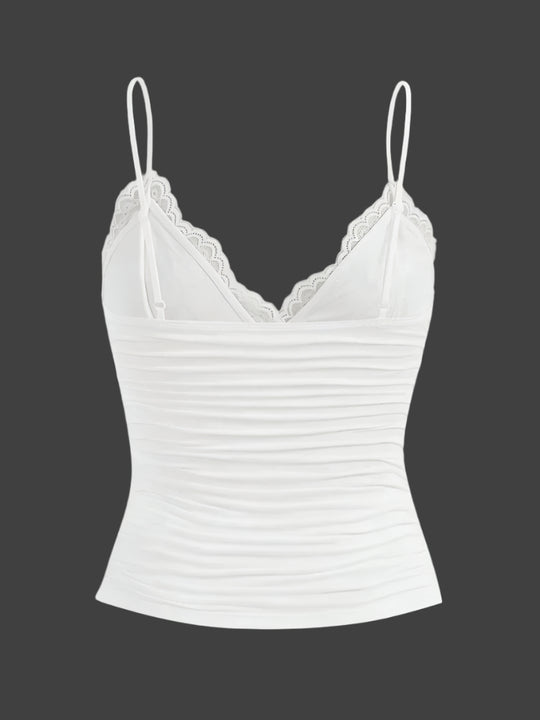 Top court à bretelles et nœud en dentelle contrastée pour femme