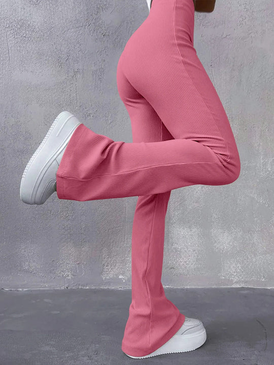 Pantalon femme taille haute à côtes