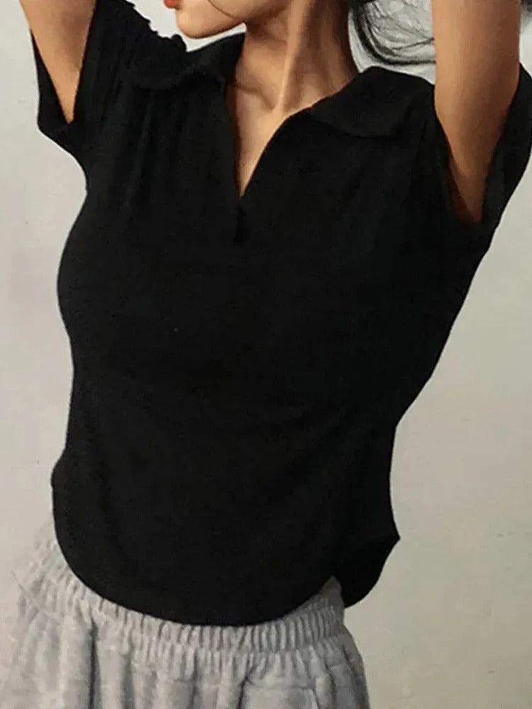 Haut à col en V et manches courtes pour femme