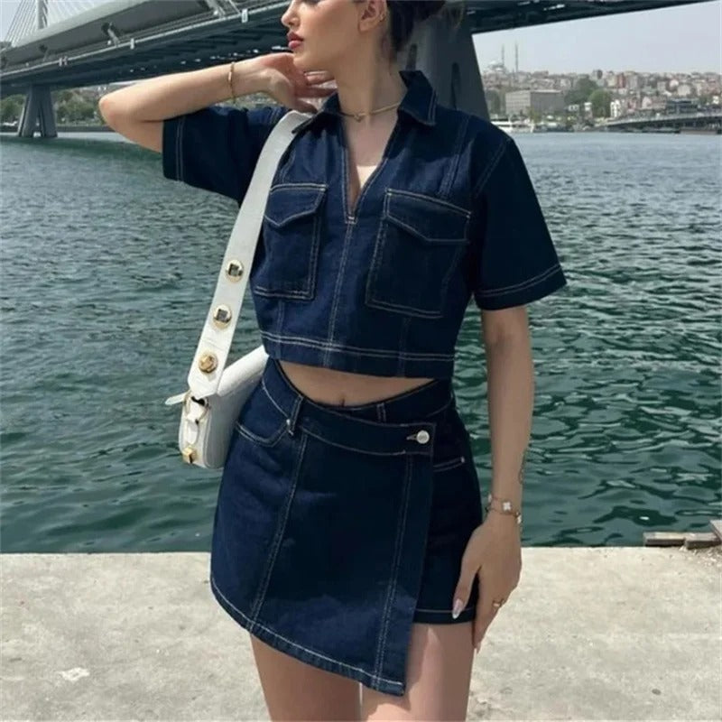 Jupe en jean et chemise courte à manches courtes pour femmes