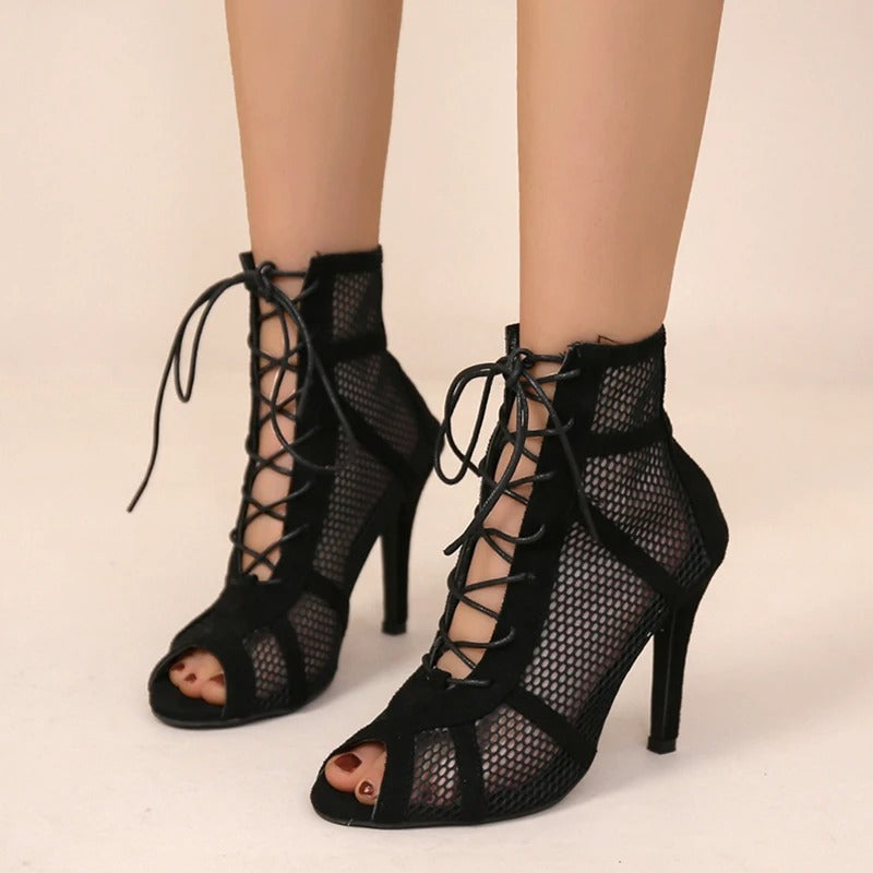 Sandales à talons peep toe en maille pour femmes
