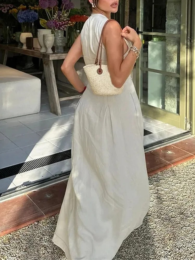 Robe mi-longue moulante plissée sans manches à fermeture éclair pour femme