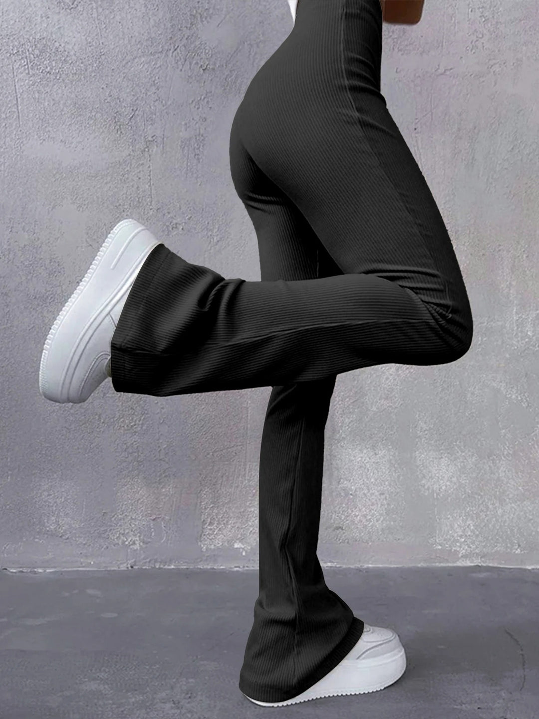 Pantalon femme taille haute à côtes
