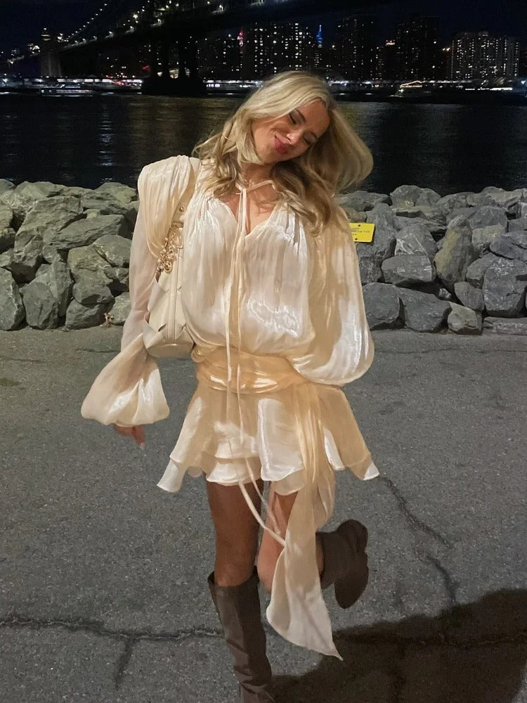 Robe chemisier à lacets et manches lanternes pour femme