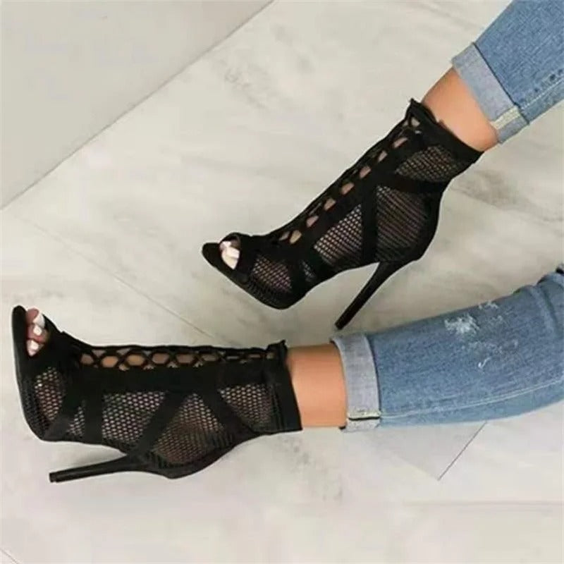 Sandales à talons peep toe en maille pour femmes