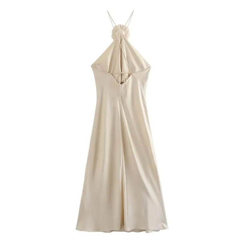 Robe longue en satin à épaules dénudées et dos nu pour femme