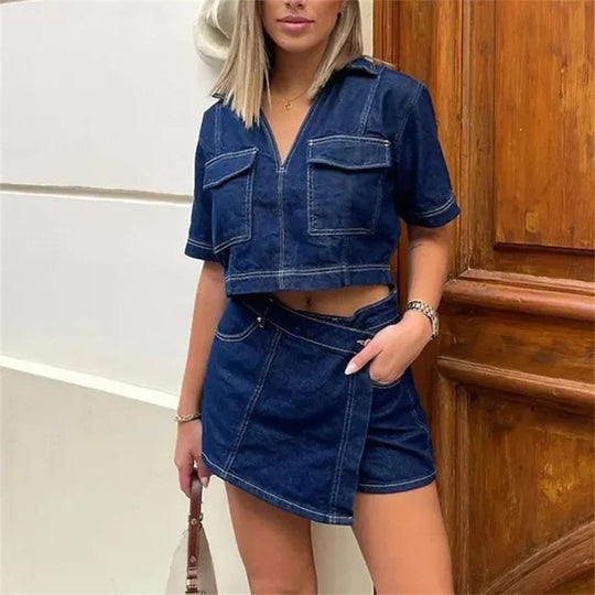 Jupe en jean et chemise courte à manches courtes pour femmes