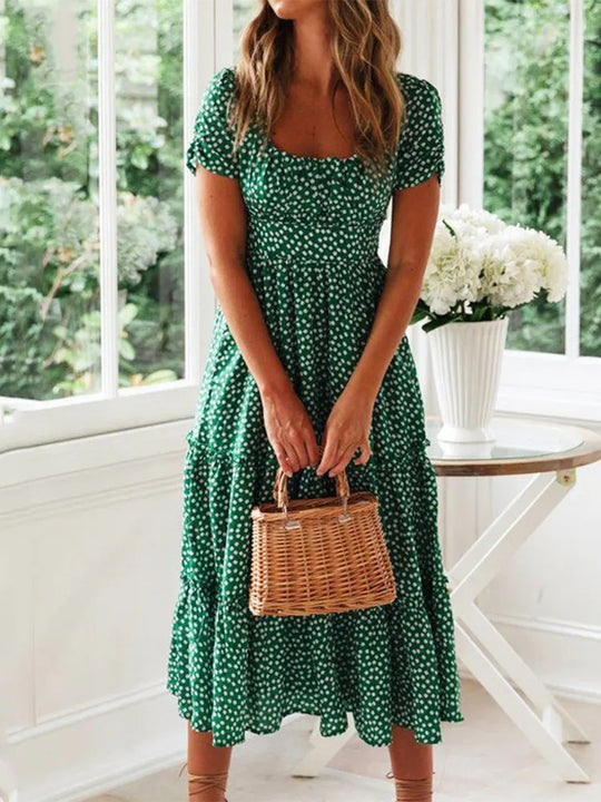 Robe longue fleurie à manches bouffantes et col carré pour femme