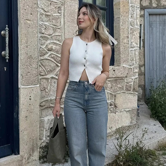 Débardeur court boutonné en tricot pour femme