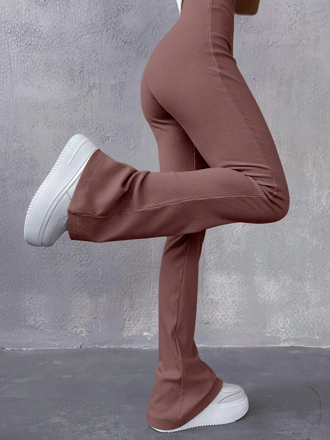 Pantalon femme taille haute à côtes