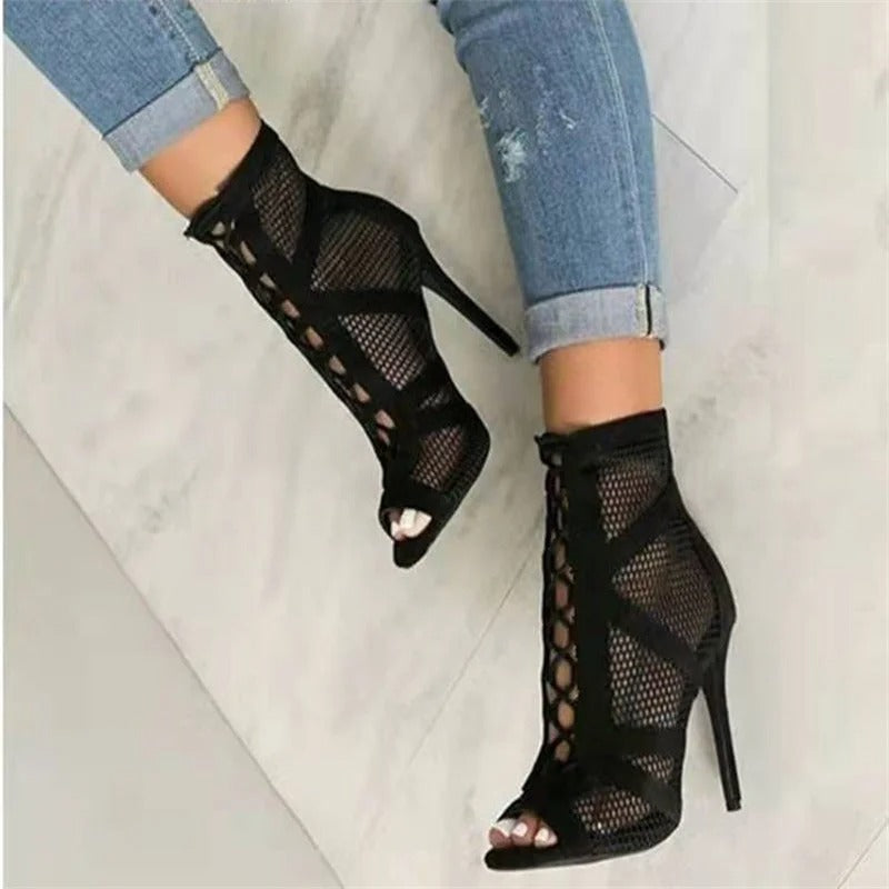 Sandales à talons peep toe en maille pour femmes