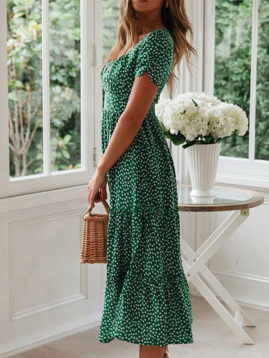 Robe longue fleurie à manches bouffantes et col carré pour femme