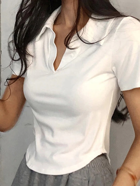 Haut à col en V et manches courtes pour femme