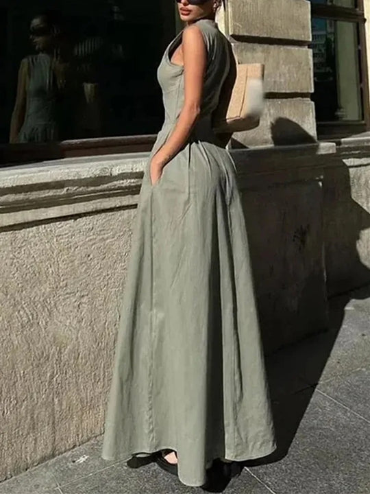 Robe mi-longue moulante plissée sans manches à fermeture éclair pour femme