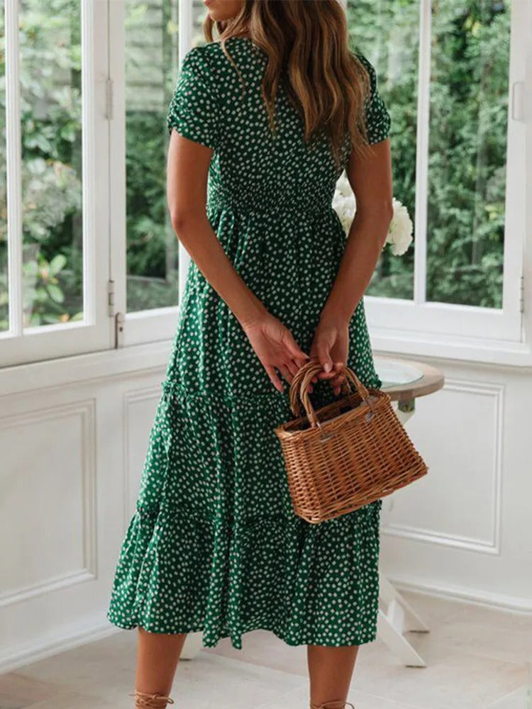 Robe longue fleurie à manches bouffantes et col carré pour femme